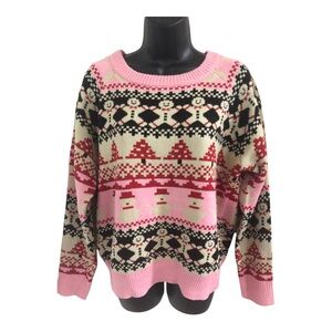 Pink fair isle look snowman print pullover holiday sweater size XL brand new